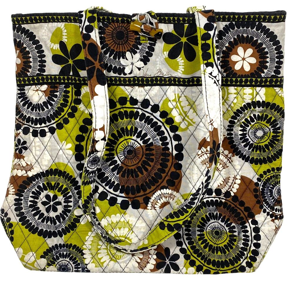 Vera Bradley Quilted Cotton Tote Bag Cocoa Moss Green Brown Black 12X14"